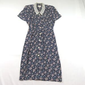 Ambria Floral Rayon Dress Navy Blue Pink Short Sleeve Lace Trim Sz 12 P